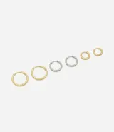 Set de tres pares de aros tipo argolla de diferentes tamaños, con acabado en acero inoxidable en tonos dorado y plateado.
