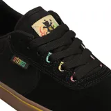 Zapatillas de skate Etnies Joslin Vulc X Grizzly negras de gamuza con suela de goma marrón y detalles en rojo, amarillo y verde.