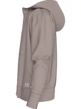 Buzo Calvin Klein con capucha y cremallera, color lila, de corte relaxed, con bolsillos laterales, puños y dobladillo con punto canalé y parche con logo en el pecho.