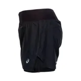 Short deportivo 2 en 1 negro, con cintura ancha elástica y logo de Asics estampado en la pierna.