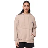Canguro beige con capucha, cordones ajustables, bolsillo tipo canguro y logo de la marca en el pecho.