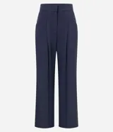 Pantalón de vestir azul marino, de corte wide leg, con cintura alta, pliegues frontales, bolsillos laterales y aplicación de strass.