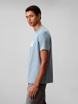 Remera Calvin Klein de color celeste, confeccionada en punto de algodón regenerativo, con cuello redondo, manga corta y corte regular. Presenta un estampado gráfico frontal con el logotipo de la marca en tonos blancos y un bloque rojo.