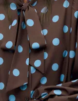 Camisa de manga larga con estampado de lunares celestes sobre fondo marrón. Presenta cuello con lazo para anudar, mangas amplias con puños acampanados y cierre frontal con botones.