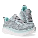 Championes deportivos Push, color gris con detalles en celeste y blanco. Presentan un diseño de tejido con patrón de rayas diagonales, cordones grises y suela blanca.