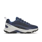 Zapatillas de senderismo Merrell Speed Strike 2 para hombre, color azul marino con detalles en gris y negro. Presentan una parte superior de malla transpirable y material sintético resistente a la abrasión, cuello acolchado y entresuela de espuma EVA ligera para mayor estabilidad. La suela de goma ofrece tracción duradera para actividades al aire libre.