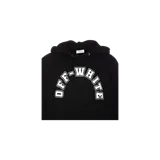 Hoodie Off-White de color negro con capucha con cordón ajustable, bolsillo frontal tipo canguro y estampado gráfico del logo en el pecho en tono blanco con diseño universitario.