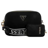Cartera tipo bandolera Guess modelo Latona II, color negro con textura granulada. Presenta cierre superior, logo triangular metálico en el frente y correa ancha ajustable con el nombre de la marca. Incluye un pequeño monedero rectangular desmontable sujeto a la correa.