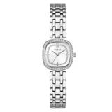 Reloj analógico Guess modelo Hazel con caja cuadrada de 25 mm y correa de eslabones de acero inoxidable en tono plateado. La esfera blanca presenta un acabado sunray y está rodeada por un bisel con cristales incrustados, además de un detalle decorativo de cristales en el interior de la esfera.