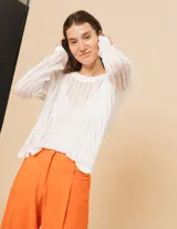 Sweater blanco de algodón con escote redondo, manga larga y calado en punto desagujado.