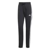 Pantalón Adidas Essentials French Terry Cuffed 3 Tiras de mujer, color negro, confeccionado en tejido de felpa francesa. Cuenta con cintura elástica con cordón ajustable, puños elastizados en los tobillos y las tres tiras características de la marca en los laterales.