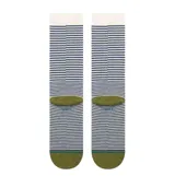Medias de caña media marca Stance con diseño de rayas horizontales finas en azul marino y blanco. Presentan puntera y talón reforzados en color verde oliva y logo de la marca bordado en el lateral.