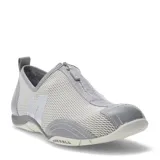 Championes deportivos Merrell modelo Barrado, color gris claro, confeccionados en malla transpirable con refuerzos sintéticos. Presentan un diseño de cierre frontal con cremallera, puntera reforzada y suela de goma con tecnología antideslizante.