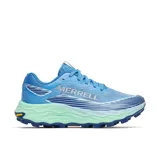 Championes de trail running Merrell modelo Agility Peak 6, color azul con entresuela en tono verde menta y suela azul oscuro. Presentan diseño técnico con malla transpirable, refuerzos en TPU y suela Vibram MegaGrip de alto rendimiento.