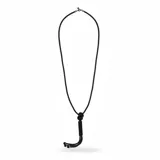Collar largo de diseño versátil confeccionado en strass negro, con un nudo decorativo y terminaciones en forma de borla.