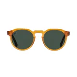 Lentes de sol Indie, con armazón redondo color miel ámbar y lentes polarizados color verde oscuro.