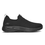 Zapatillas deportivas Skechers Go Walk Arch Fit - Iconic, color negro, sin cordones, con capellada de tejido knit elástico y transpirable, plantilla Arch Fit extraíble con soporte en el arco plantar certificado por podólogos y media suela Ultra Go con amortiguación y retorno de energía.