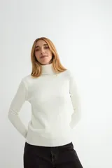 Polera de cuello alto y manga larga, confeccionada en tejido de punto fino con puños y ruedo acanalados.