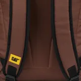 Mochila marrón de poliéster con revestimiento de PU, marca Caterpillar, modelo Tokyo Urban. Cuenta con compartimento trasero acolchado para portátil, correas ajustables de malla, etiqueta tejida, cincha frontal reflectante, asa de agarre, y dos bolsillos laterales de malla.