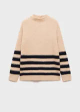 Jersey de punto con cuello perkins y manga larga. Presenta un diseño de rayas horizontales en color azul marino y detalles en hilo metalizado dorado sobre una base color beige.