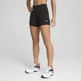 Calzas cortas deportivas de mujer Puma modelo Ess 5 Short Tight, de color negro y tiro alto, con el logo de la marca estampado en blanco en el lateral.
