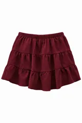 Minifalda bordó con diseño de tres niveles de volados y cintura elástica.