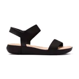 Sandalias negras con tiras elásticas anchas sobre el empeine y tobillo.