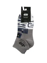 Medias cortas con diseño inspirado en el droide R2-D2 de Star Wars, en colores gris, blanco y azul. Presentan el logo de Star Wars y Hush Puppies en la parte superior.