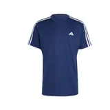 Remera deportiva azul con cuello redondo y mangas cortas. Presenta el logo de Adidas en el pecho y las tres tiras características de la marca en los hombros.