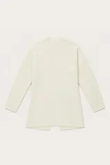 Saco abierto de punto, color beige, con mangas largas y diseño holgado de corte recto.
