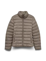 Campera puffer corta de nylon acolchado en color gris topo, con cuello alto, cierre frontal y bolsillos laterales.