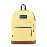 Mochila JanSport Right Pack color amarillo con base de cuero marrón, logo de la marca en azul y compartimento interno para laptop.