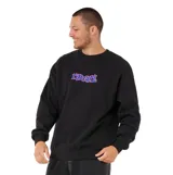 Buzo de cuello redondo Rip Curl, color negro, con estampado frontal del logo de la marca en estilo graffiti con letras en azul y borde rosado.