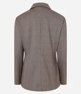 Blazer slim de punto roma color marrón con cuello solapa, abotonado delantero de botón doble forrado, bolsillos tipo cuchillo y manga larga.