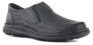 Zapatos casuales de hombre tipo slip-on, confeccionados en cuero negro con costuras reforzadas y suela de goma antideslizante.