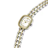 Reloj analógico Guess modelo Hazel con caja cuadrada de 25 mm y correa de eslabones tipo brazalete en acero inoxidable bicolor plateado y dorado. La esfera blanca presenta un marco interno con cristales y el bisel está adornado con cristales brillantes.