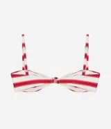 Top de bikini bandeau con estampado de rayas rojas y blancas, breteles ajustables y nudo en el busto. Confeccionado en microfibra.