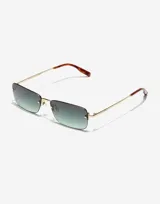 Lentes de sol rectangulares al aire con cristales degradados en tono verde. Presentan una estructura metálica dorada con patillas finas y terminales en carey.