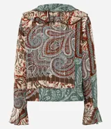 Blusa tipo bata de viscosa Marfinno con estampado paisley multicolor, escote en V con cordones para atar, volados frontales y mangas largas con puños amplios.