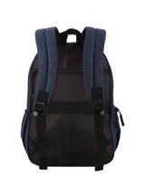 Mochila unisex color azul marino, con múltiples compartimentos, incluyendo bolsillos ocultos, compartimento para notebook y bolsillos laterales. Es impermeable y cuenta con correas laterales de compresión y elástico al dorso para sujetar a equipaje carry-on.