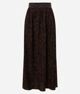 Pollera midi confeccionada en crepé de viscosa y poliamida con estampado animal print. Presenta una cintura estructurada y un diseño fluido de largo medio.