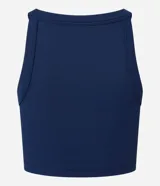 Blusa tipo crop top color verde oliva, confeccionada en tejido rib acanalado, con cuello halter y diseño sin mangas.