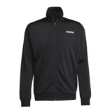 Campera deportiva Adidas negra con cierre frontal, cuello alto y logo blanco en el pecho. Pantalón deportivo Adidas negro con cintura elástica, cordón ajustable y logo blanco en la pierna.