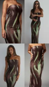Vestido midi strapless de corte ajustado, confeccionado en tejido elástico con estampado abstracto en tonos marrones y verdes.