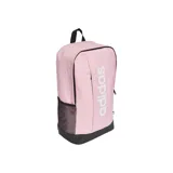 Mochila Adidas Linear color rosa con base negra y logo Adidas en blanco. Cuenta con un compartimento principal con cierre, un bolsillo frontal con cierre, bolsillos laterales de malla y correas acolchadas ajustables.
