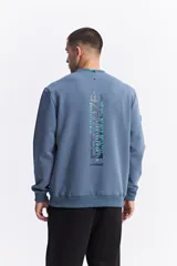 Buzo de cuello redondo en color azul, con diseño de calce regular. Presenta bolsillos laterales integrados, puños y ruedo acanalados, y un pequeño estampado gráfico en el pecho. Incluye un detalle de etiqueta en la manga derecha.