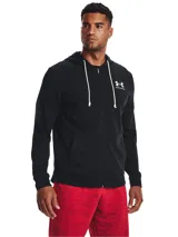 Campera deportiva Under Armour con cierre frontal completo, capucha con cordones blancos y logo de la marca en el pecho izquierdo. Es de color negro liso.