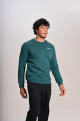 Buzo verde oscuro de cuello redondo, mangas largas con puños elásticos y pequeño estampado ovalado en el pecho.