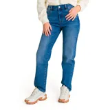 Jeans de corte recto y tiro alto, confeccionados en denim color azul medio. Presentan diseño clásico de cinco bolsillos, cierre con cremallera y detalles de marca en remaches y parches traseros.