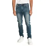 Pantalón de jean azul de corte skinny, con cierre de cremallera y botón metálico con logo de la marca. Diseño de cinco bolsillos con remaches metálicos y etiqueta triangular en el bolsillo trasero.